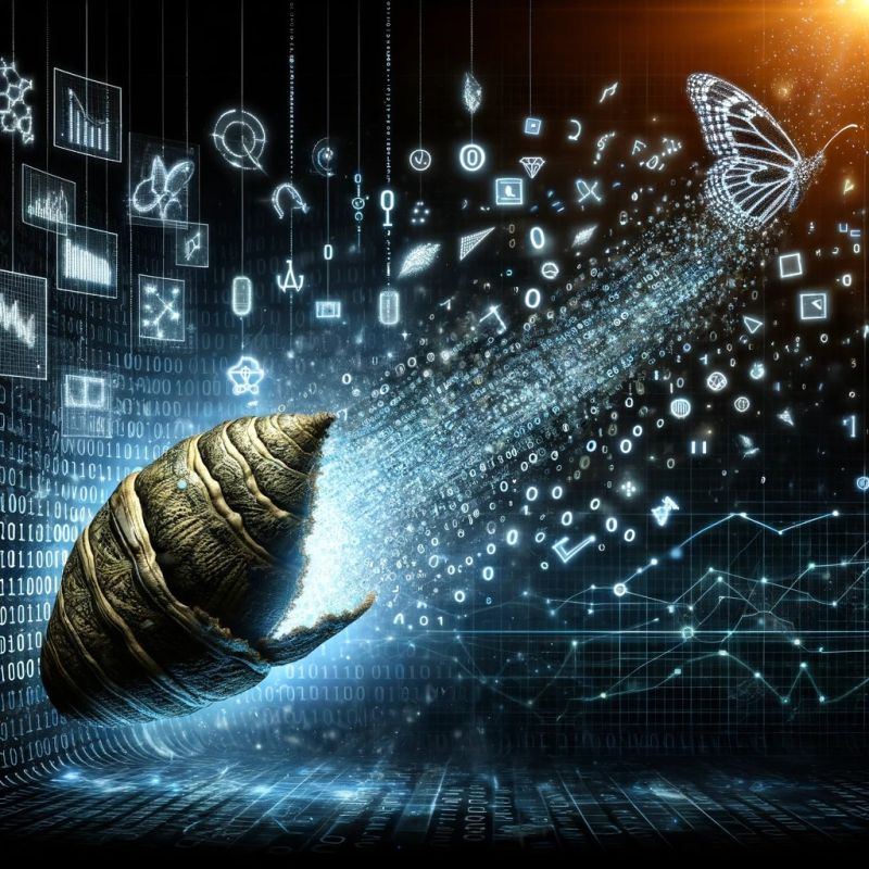 digital butterly leaving a cocoon against a tech dreamscape background.